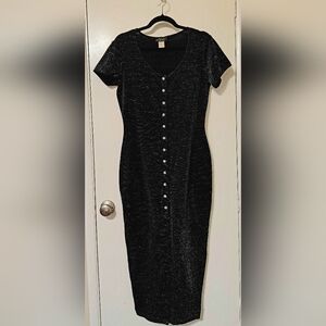 Bodycon Maxi Dress Black w/Silver Thread 6/8 RARE Rhinestone Buttons CDC EVENING